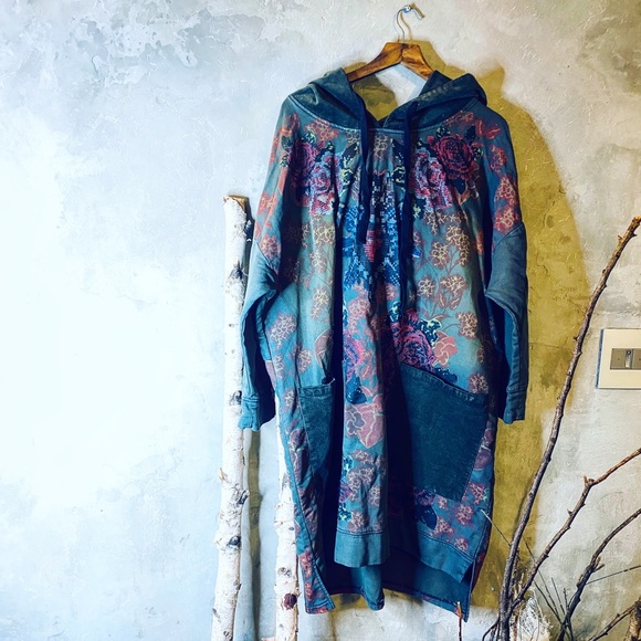 Oversized sweatshirt hoodie dress printed green - Picture 5 of 8